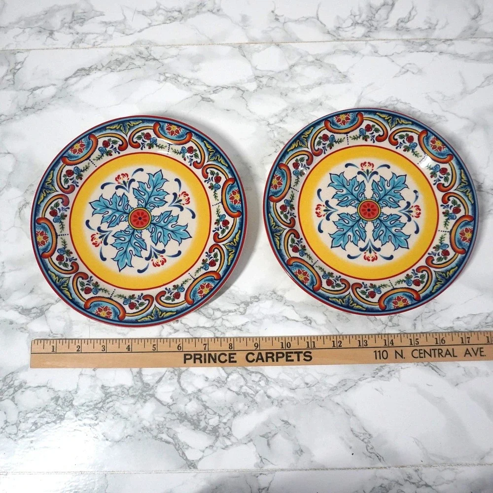 Euro Ceramica Zanzibar Salad Plates Set of 2‎ Blue Yellow Red Floral 8.25 Inch